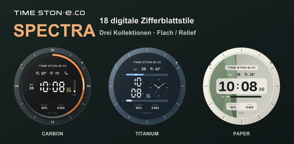 18 digitale Zifferblattstile · Drei Kollektionen · Flach / Relief