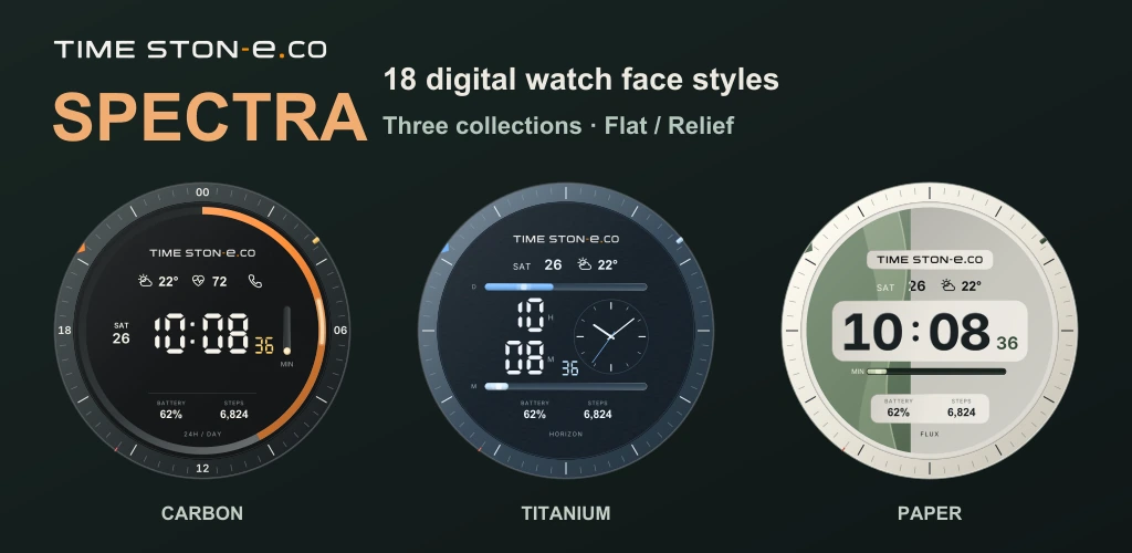 18 digital watch face styles · Three collections · Flat / Relief