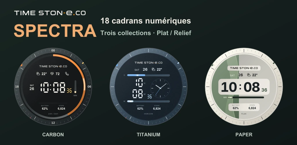 18 cadrans numériques · Trois collections · Plat / Relief